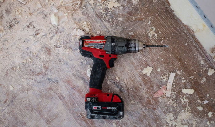 Assorted installation tools and fixings for outdoor work