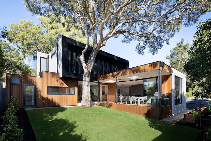 Modern exterior architecture with sleek horizontal fencing lines